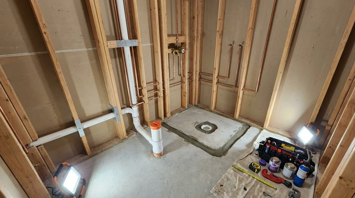 Bathroom rough-in plumbing during remodel by Johns Plumbing LLC in New Ipswich