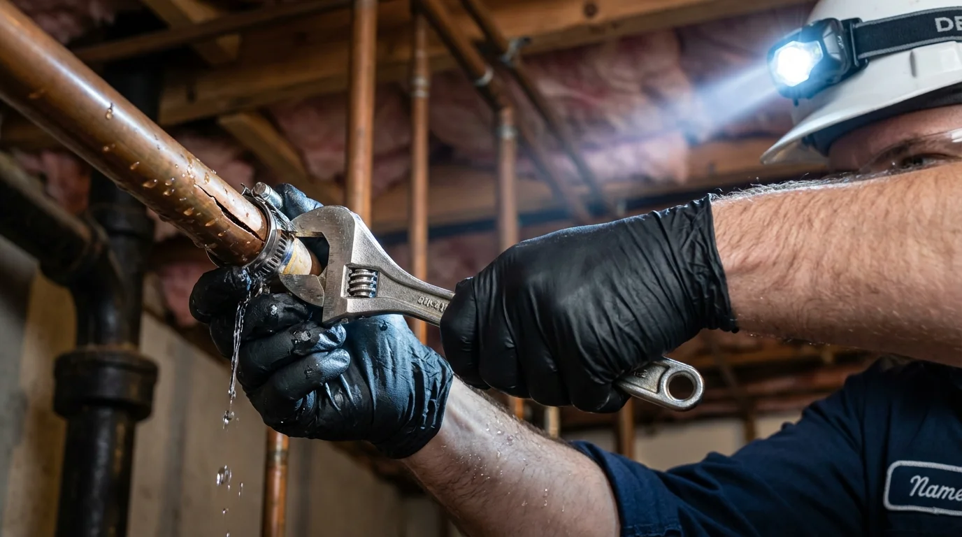 Emergency pipe clamp repair being performed by a Johns Plumbing LLC plumber in New Ipswich