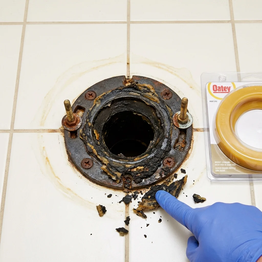 Failed wax ring showing water seepage at the base of a toilet in a New Ipswich, NH home