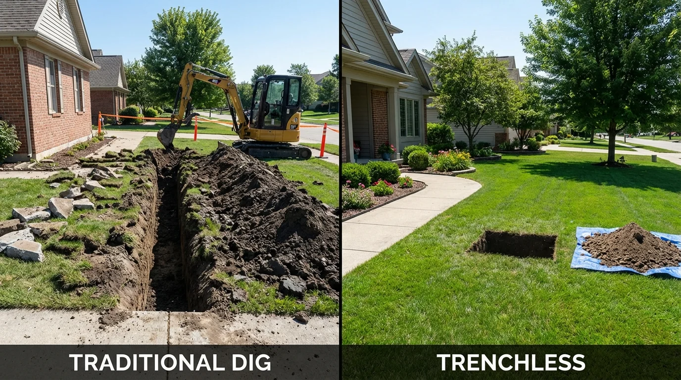 Trenchless sewer repair with minimal yard damage versus traditional excavation in New Ipswich, NH
