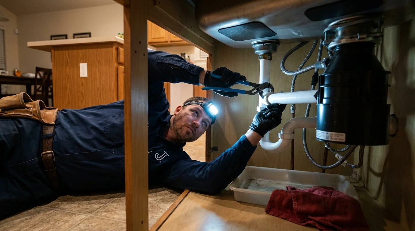 P-trap and supply line connections under a kitchen sink showing a common leak point in New Ipswich, NH